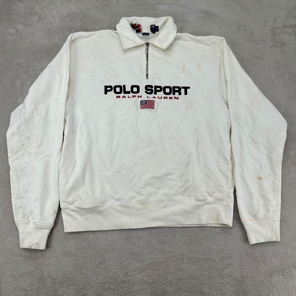 Vintage 90s Polo Sport‎ Ralph Lauren Sweatshirt Mens S White 1/4 Zip Pullover